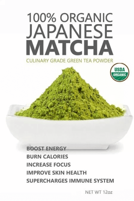 Use overlayed text to list product benefits matcha