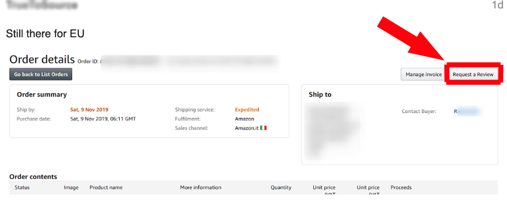 amazon request a review button EU