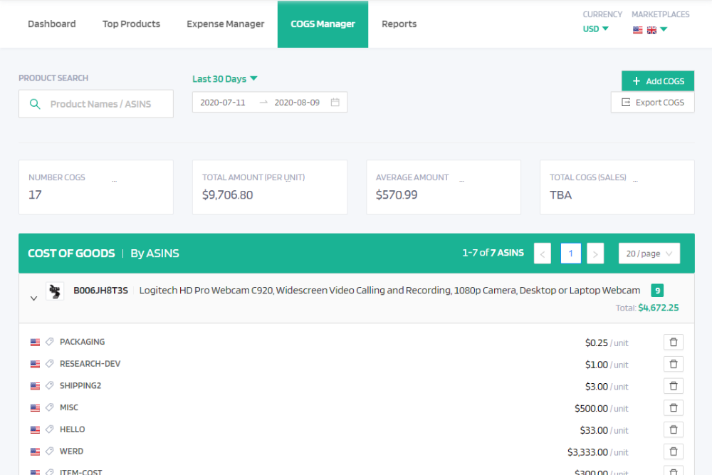 Customizable expense and cost of goods sold management