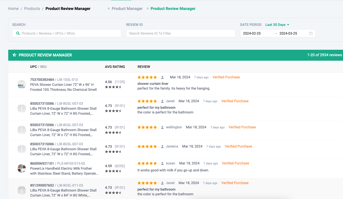 Reviews in the FeedbackWhiz Product Review Manager