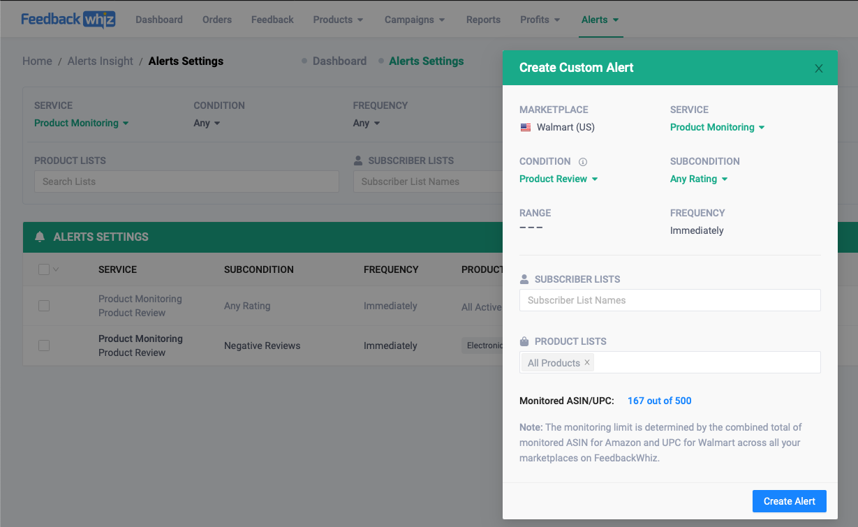 Setting up a custom Walmart review alert in FW Alerts